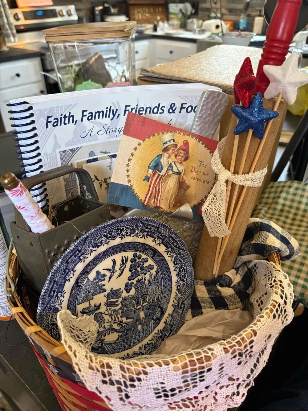 Patriotic Woven Accent Basket with Red, Navy & Natural Stripes